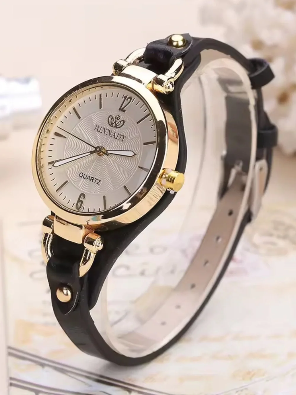 Anthropologie Gold-Tone Round Watch with Black Strap